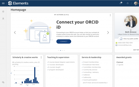Image of the Elements Homepage showing the ORCID Action prompting users to connect their ORCID.