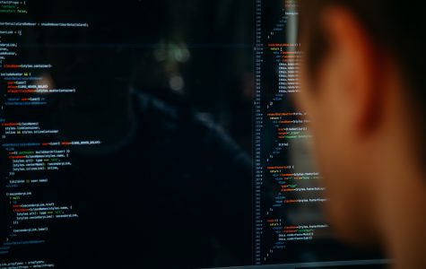 man looking at screen displaying code